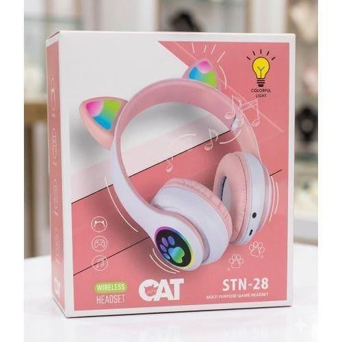 STN-28 Pink Cat Ear Wireless Headset | RGB LED Lights | Bluetooth 5.0 + TF Card + Aux | Foldable | For Kids, Girls, Gaming
